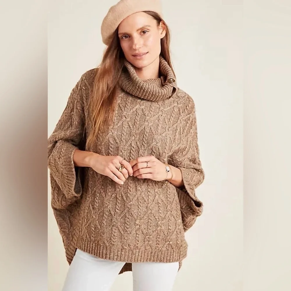By Anthropologie Tan Corine Cable Knit Poncho Cowl Neck Sweater size XL